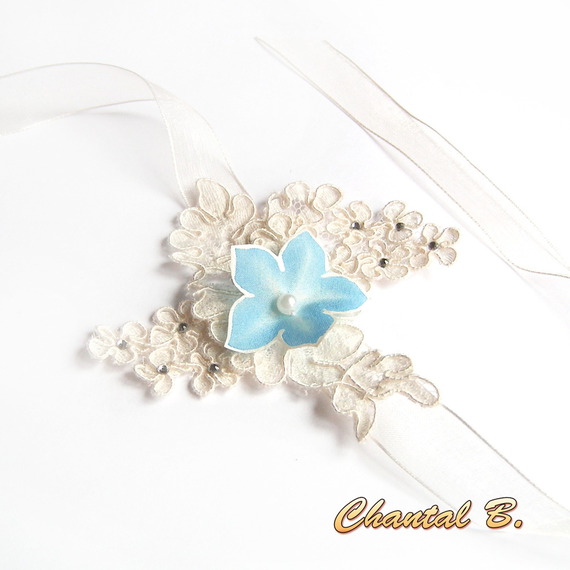 Ivory lace bracelet blue silk flower and rhinestone wedding cuff