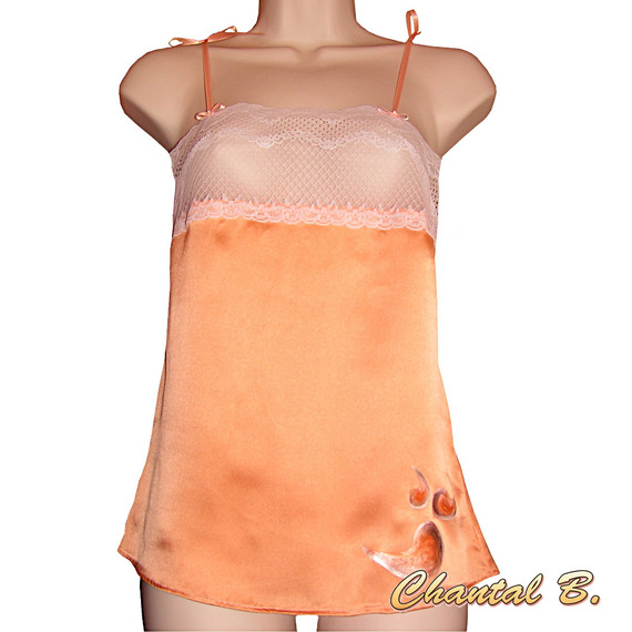 Lingerie babydoll + thong in salmon silk satin and lace
