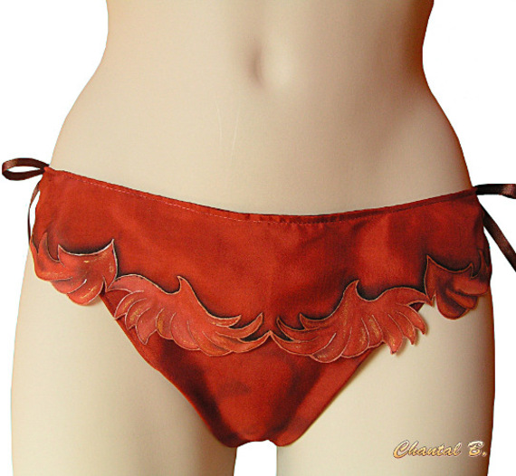 Copper brown silk thong with gold scalloped flounce