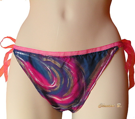 Hand-painted navy and fuchsia silk thong