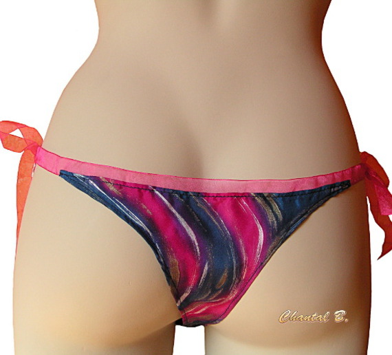 Hand-painted navy and fuchsia silk thong