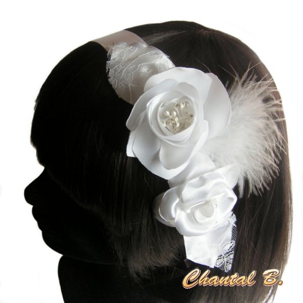 wedding hairband ceremony white satin flowers lace feathers