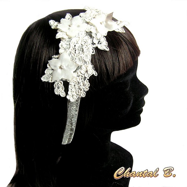 headband hair lace Calais ivory wedding accessory headband silk flower rhinestones