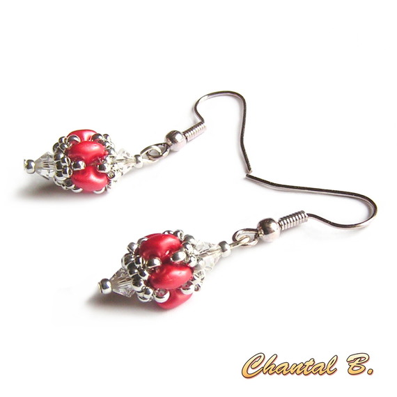 wedding earrings swarovski crystal beads pearly coral glass and silver