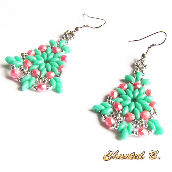 boucles d'oreilles turquoise perles cristal boheme corail et argent