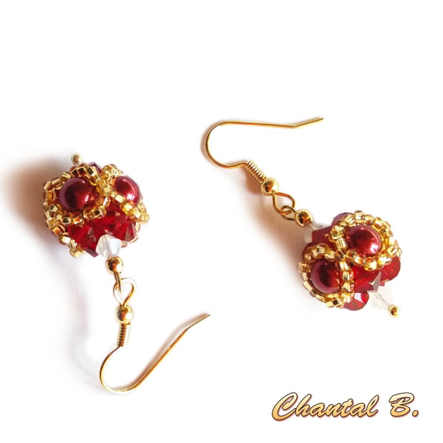 Earrings swarovski ball shape burgundy opal and gold