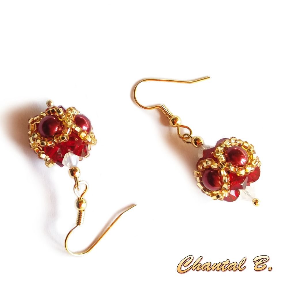 Boucles d'oreilles swarovski forme boule bordeaux opale et or