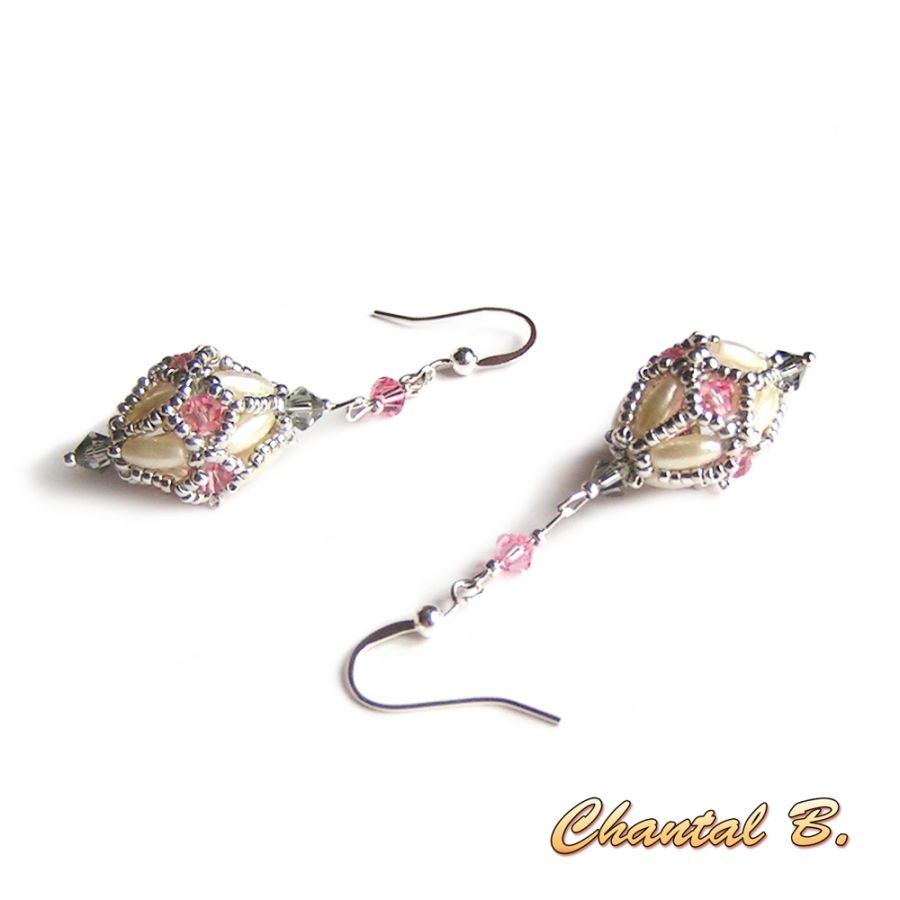 Wedding earrings swarovski pearl pink and gray pearl beads and silver plated