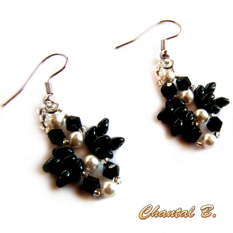 earrings evening swarovski white glass beads black