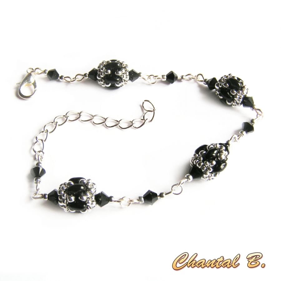 bracelet crystal swarovski pearly white glass beads and silver woven