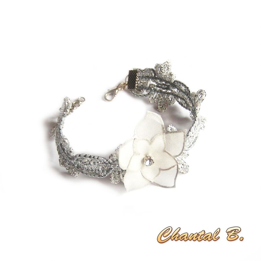 Silver guipure bracelet and its painted white silk flower customizable as a hairband