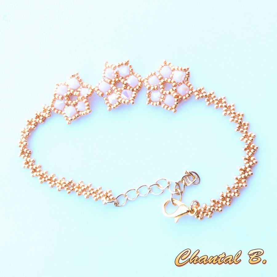 bridal bracelet flowers of woven pink pearls and gold