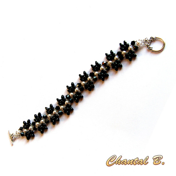 evening bracelet white swarovski glass beads black