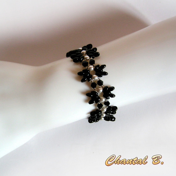 evening bracelet white swarovski glass beads black