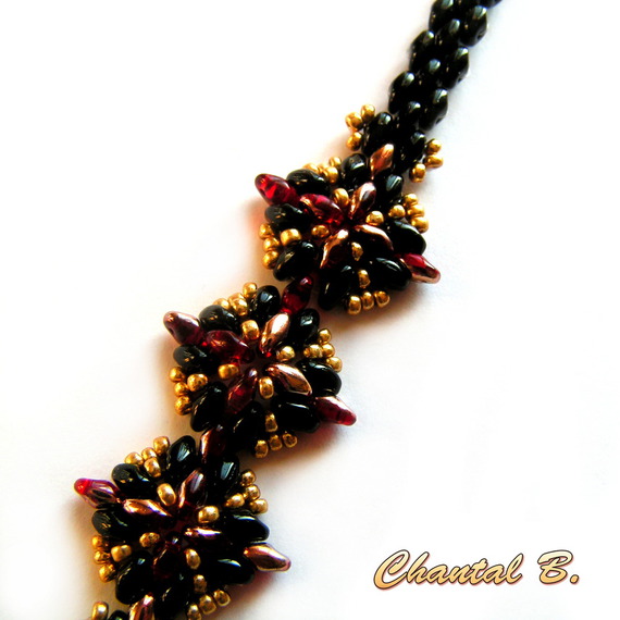 evening bracelet black glass beads red and gold