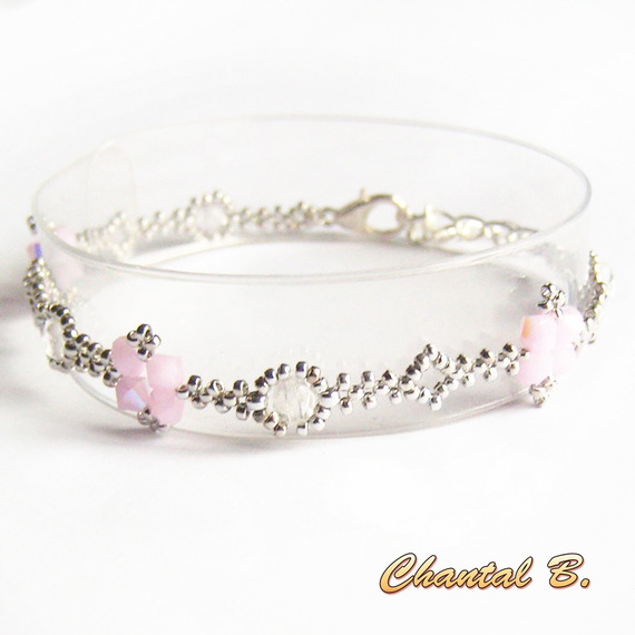 bracelet swarovski woven beads swarovski pink AB boheme crystal and silver romantic wedding