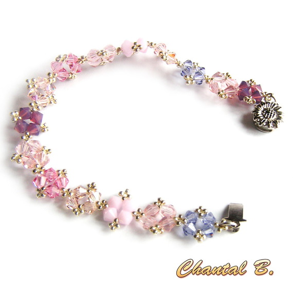 bracelet swarovski rose mauve fuchsia romantique perles tissées swarovski cristal rose et argent