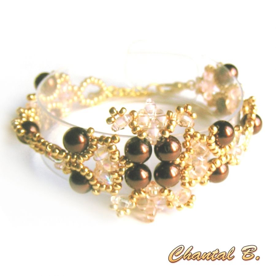 bracelet woven pearl beads chocolate transparent salmon and gold wedding evening