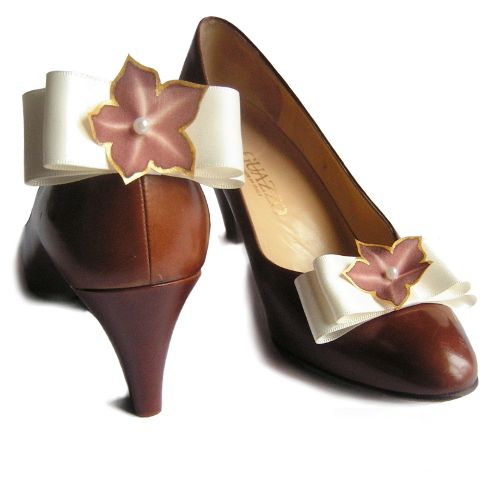 clips shoes bow satin ivory bride and silk flower chocolate wedding