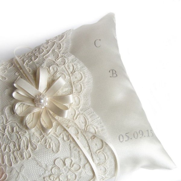 wedding ring cushion rachel lace on ivory satin