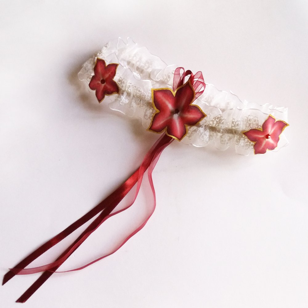 white lace and organza garter with red flowers