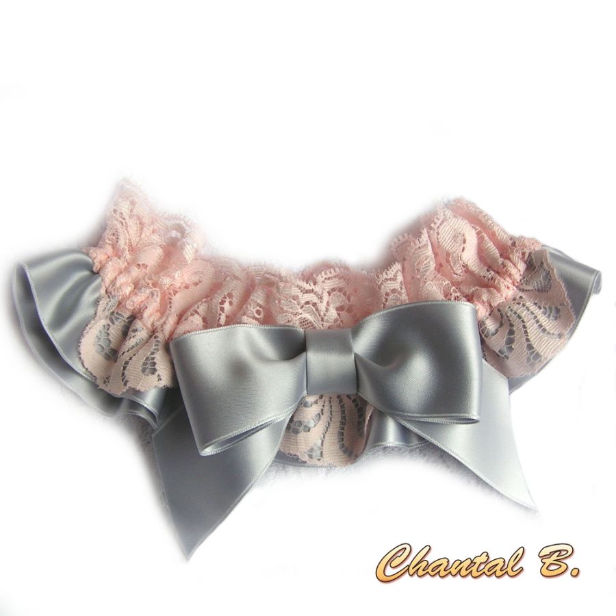 romantic wedding garter grey satin lace salmon Graziella