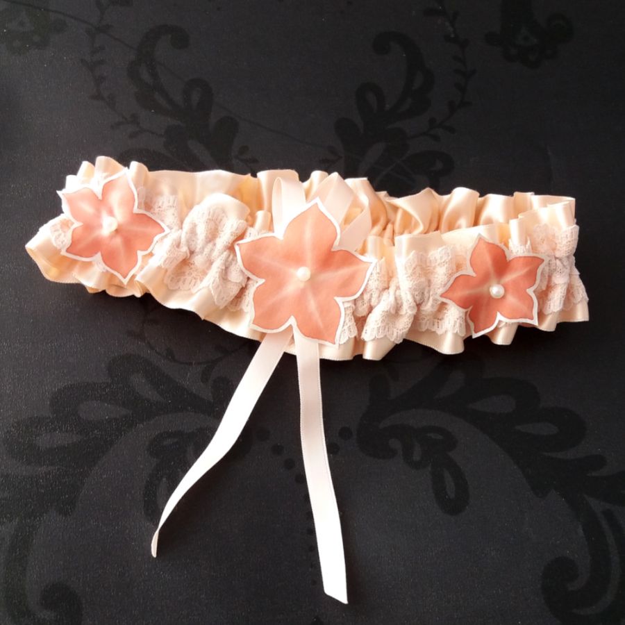 Romantic wedding garter satin pink powdered lace double salmon silk flowers hand painted