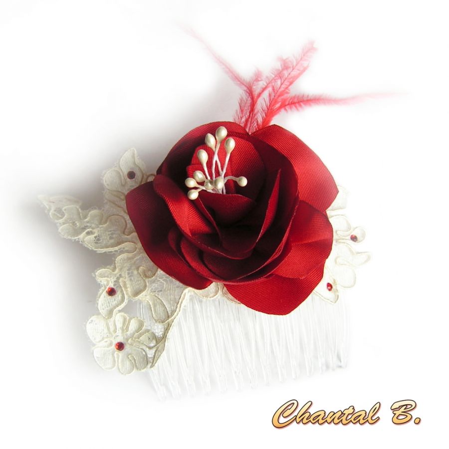 Wedding hair comb red satin feather lace ivory