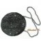round fancy black satin clutch bag with grey pearls handle