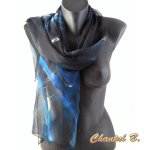 Turquoise and silver silk chiffon scarf on black background