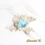 Ivory lace bracelet blue silk flower and rhinestone wedding cuff