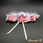 wedding garter white satin lace and silk flowers salmon Adelinda