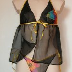 lingerie set Caelia black silk chiffon and multicolor flower thong