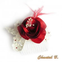 Wedding hair comb red satin feather lace ivory