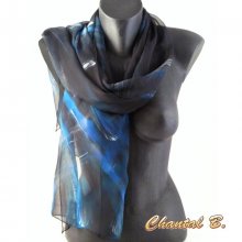 Turquoise and silver silk chiffon scarf on black background