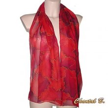 Foulard long soie &eacute;charpe rouge nuanc&eacute; et or Ar&egrave;s peint main 