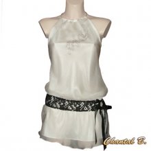 White blouse top with black hand painted lace belt