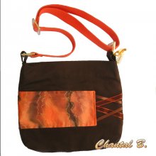 handbag cotton chocolate and orange silk painted Marion adjustable shoulder strap