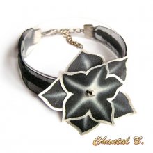 Black bracelet with sequins ribbon and its black silk and silver hand painted flower