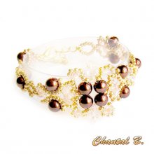 bracelet woven pearl beads chocolate transparent salmon and gold wedding evening