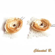 lot of 2 flower bun hair pins wedding satin flower on lace ivory chocolate pearl