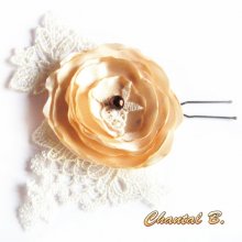 wedding hair pin flower pick satin on lace ivory chocolate pearl