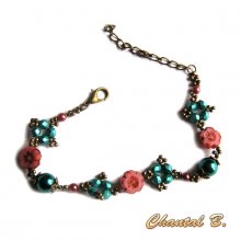 bracelet bohemian flower beads pink and pearl turquoise metal bronze