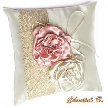 wedding cushion with antique lace wedding rings salmon and ivory flowers on ivory satin