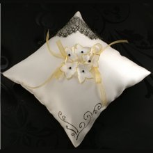 wedding cushion ring holder satin ivory gold lace silk flowers