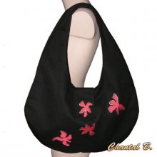 red handbag to wear on the shoulder Tahiti black cotton fabric and red silk flowers