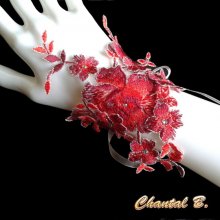Glamorous red lace and rhinestone wedding cuff bracelet