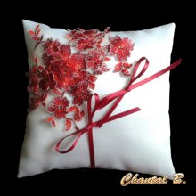 wedding cushion with white satin lace and red flowers and rhinestones