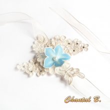 Ivory lace bracelet blue silk flower and rhinestone wedding cuff