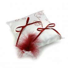 wedding ring cushion arabesque and feather burgundy white satin